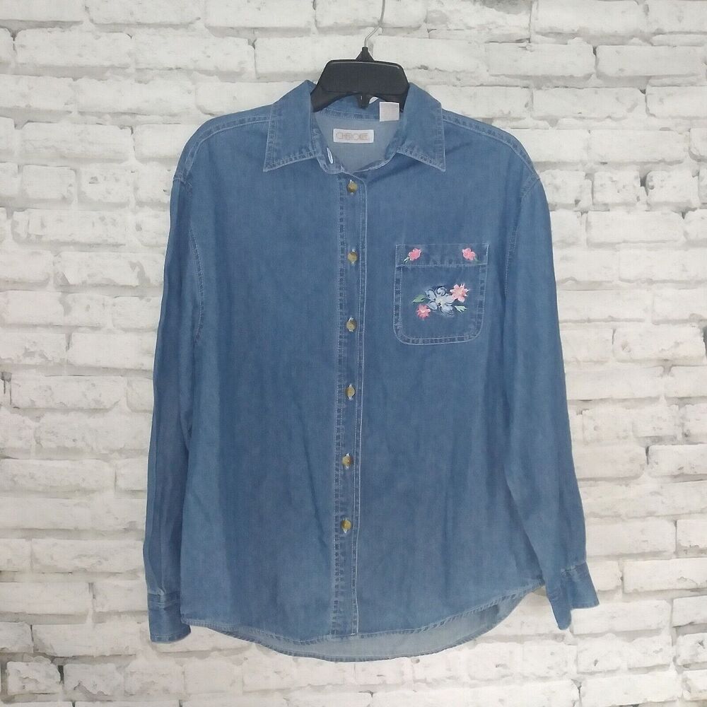 Cherokee Womens Medium Blue Long Sleeve Floral Embroidered Button Up Denim Top